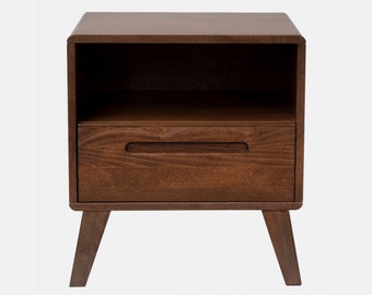 Walnut colored nightstand, small bedside table for modern home bedroom