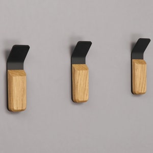 Scandinavian Wall Hooks Set of 3 - Modern Minimalist Design with Wood and Black Metal