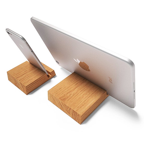 Wooden iPad and iPhone Stand – Set of Two, One for Each Device in Natural Oak Wood, Engraving and Personalization available