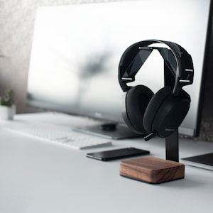 Headphone Stand Wood Steel and Wood Headphone Holder Makes Great Gift for Music Lover Black Metal Headset Stand, valentines gifts for him image 7