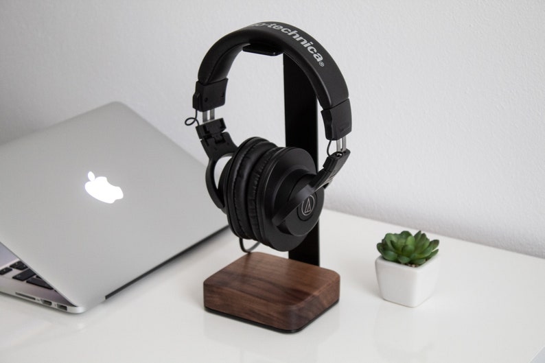 Headphone Stand Wood Steel and Wood Headphone Holder Makes Great Gift for Music Lover Black Metal Headset Stand, valentines gifts for him Walnut