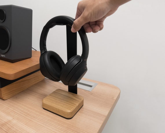 Wood Headphone Stand, Oak Walnut Wood and Black Steel Headphone