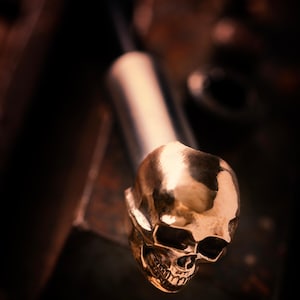 May include: A gold-colored skull-shaped pipe with a silver-colored stem.