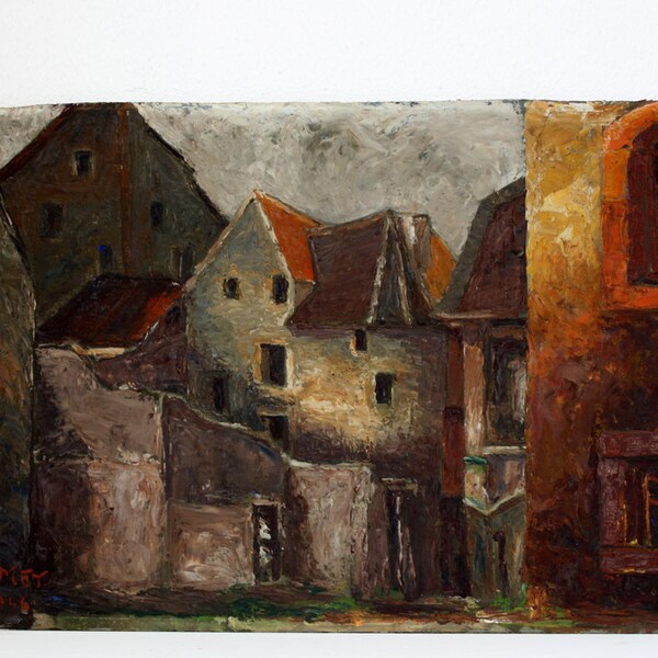 Beautiful OIL PAINTING depicting a french village signed MEY1946