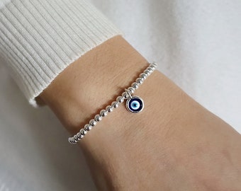 Sterling Silver Evil Eye Charm Beaded Bracelet: Protection Jewelry • B411