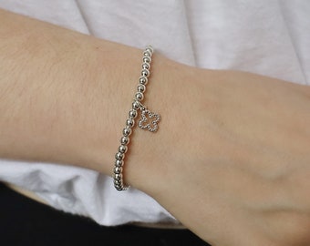 Sterling Silver Beaded Bracelet: Lucky Four Leaf Clover Charm • B412