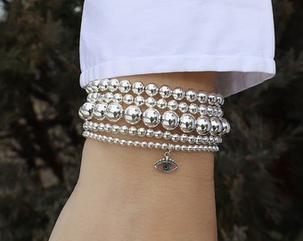925 Sterling Silver Beaded Bracelet, Charm Bracelet, Sterling Silver Bracelet, Sterling Evil Eye Charm • Gift for Her Beaucoupdebeads • B056