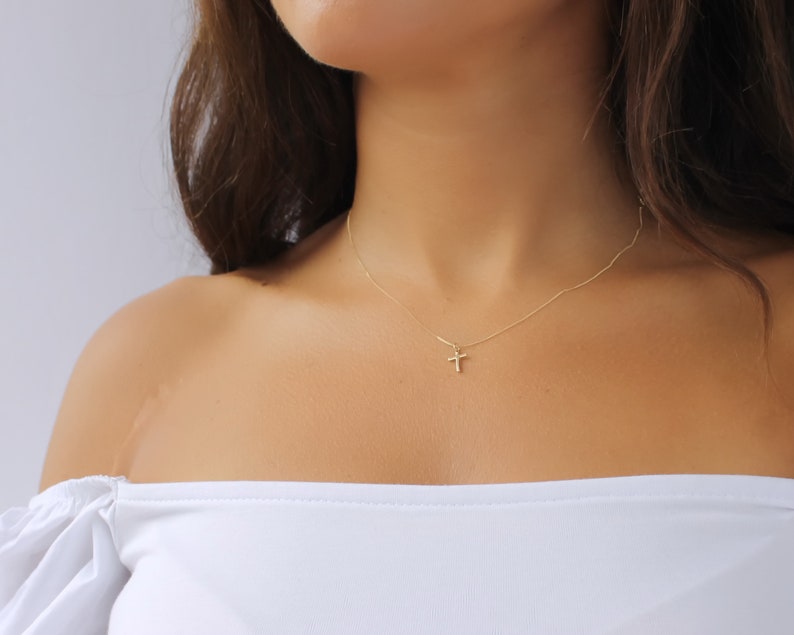14K Solid Gold Cross Necklace Gold Cross Charm Necklace Dainty 14K Solid Gold Cross Religious Gift 14K Gold Cross charm B285 image 3