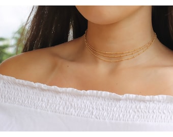 Colar gargantilha minimalista com corrente satélite em ouro 14K: estilo gota de orvalho