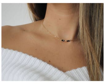 Black Beads Gold Necklace • Dainty Gold Nugget Necklace • Minimalist Gold Necklace • Friend Gift • Gift for Teen • Black Bead Necklace •B215