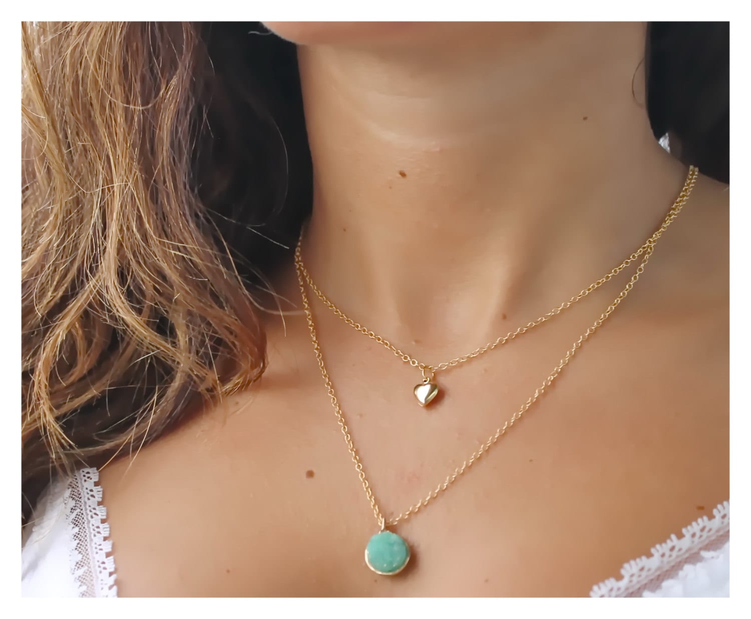 Gold Layered Necklace Set: 14K Gold Filled Druzy Pendant & Heart Charm
