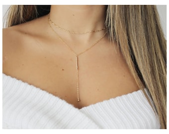 Gold Lariat und Choker • Gold Y Halskette und Choker • 14K Gold Filled • 2er Set • Geschwungene Schlauchkette Choker • Perlen Bar Lariat • B221