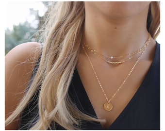 Chic Gold Layers • Three-piece Bead and Pearl and One Initial Necklace • Set of Three Necklaces • B103