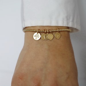 Pulseira com pingentes da Árvore da Vida • Pulseira com pingentes de coração em ouro 14K • Pulseira com contas da Árvore da Vida • Joias personalizadas • Disco de coração • B331
