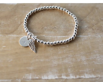 Silver Beads Bracelet • Sterling Silver Guardian Angel Charm • Round Beads • Silver Ball Bracelet • Personalized Angel Charm Bracelet • B052