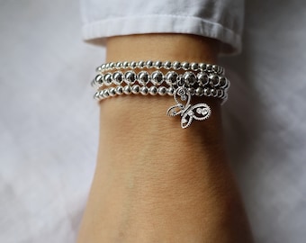Sterling Silver Butterfly Beaded Bracelet: Lucky Charm Stack  • B342