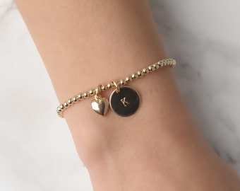 Gold Heart Bracelet • 14K Gold Filled Beads • Stackable Bracelet • Gold Ball Bracelet • Personalized Beaded Bracelet • Heart Charm • B047