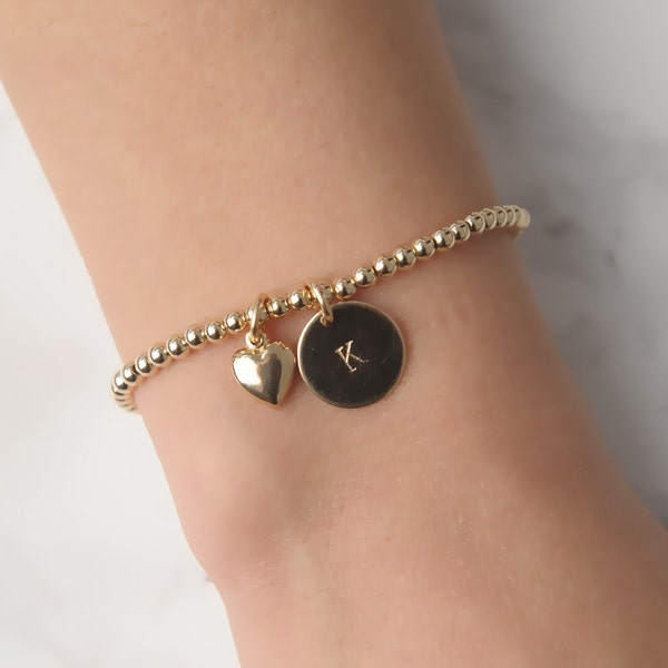 Gold Heart Bracelet • 14K Gold Filled Beads • Stackable Bracelet • Gold Ball Bracelet • Personalized Beaded Bracelet • Heart Charm • B047