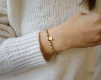 14K Massivgold 4 mm Perlen Armband • 14K Massivgold Initial Perlenarmband • Dicke 14K Goldperlen • Beaucoupdebeads • B305