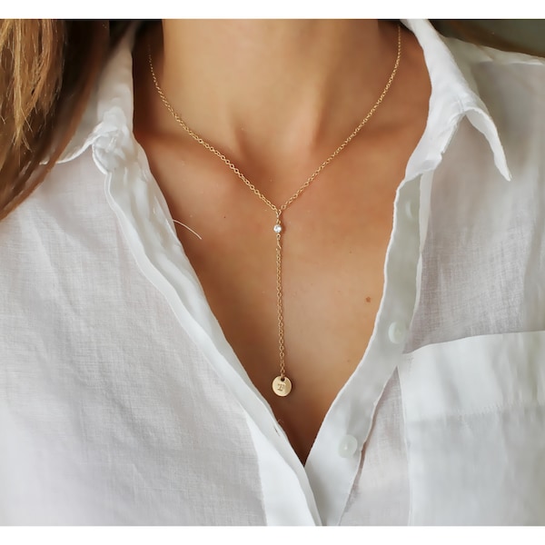 Gold Y Necklace • Lariat Necklace • Circle Initial Y Necklace • 14k Gold Filled or Sterling • CZ Y Necklace • Personalized Y Necklace • B111