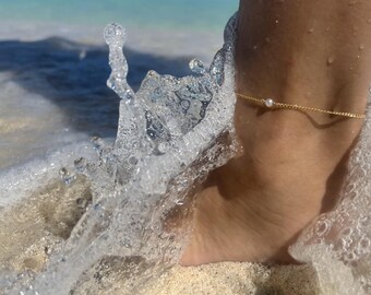 14K Gold Filled Pearl Anklet: Sterling Silver Chain • B431