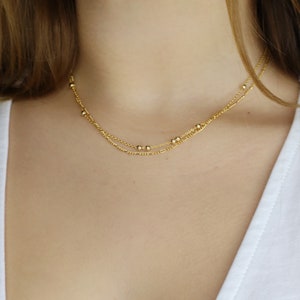 Double Chain Dainty Necklace • 14K Gold Filled Figaro Chain • 14K Gold Filled 3mm Bead Chain • Double Chain Necklace • Gift for Her • B301