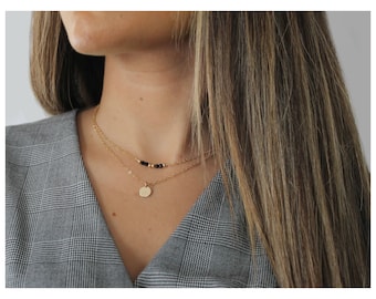 Gold Nugget With Black Beads Necklace • Gold Nugget And Black Beaded Set • Gold Layered Necklace • Dainty Layered Set • 14K Gold •  B216