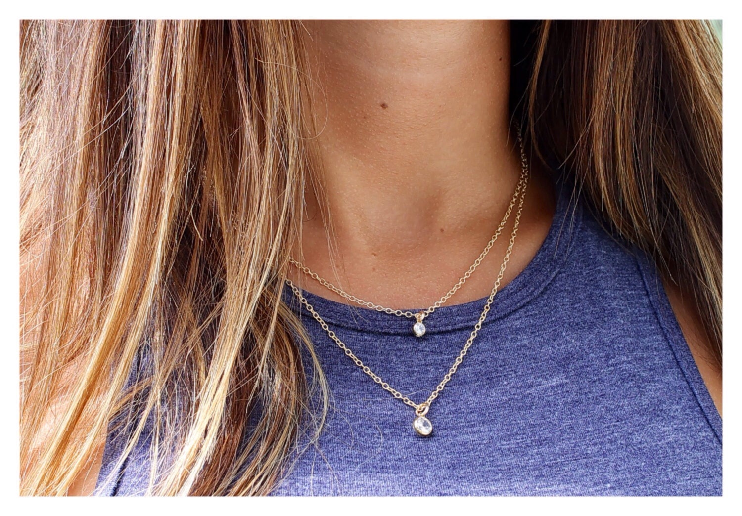 Gouden solitaireketting • Gelaagde ketting • Gouden solitaireketting CZ • Gelaagde ketting • 14k goldfill of sterlingzilver • B135