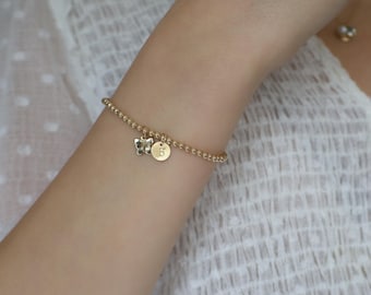 14K Solid Gold Bead Bracelet • Butterfly Charm, Personalized Initial Disc