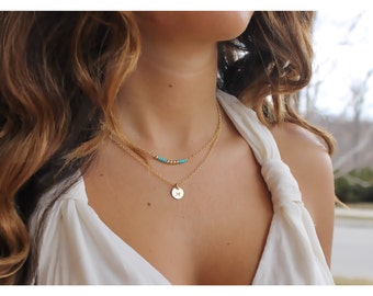 Turquoise Gold Necklace • Gold Layered With Turquoise Bar Necklace • 14K Gold Filled • Gold Initial Necklace • Personalized Set Of 2•B121