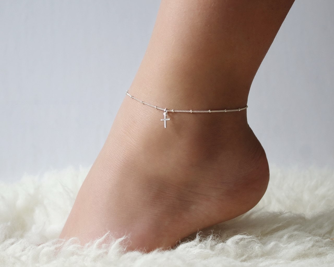 Gold Cross Anklet: Sterling Silver Satellite Chain Anklet • B275