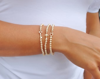 14K Solid Gold Armband • 14K Gold 4 mm Perlenarmband • 14K Gold Stern Armband • Gold Stern Perlen Armband • B283