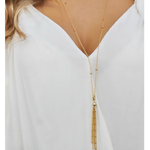 Gold Tassel Necklace • Long Gold Tassel Necklace • Long Tassel Necklace • Gold Layered Necklace • Beaucoupdebeads • B137