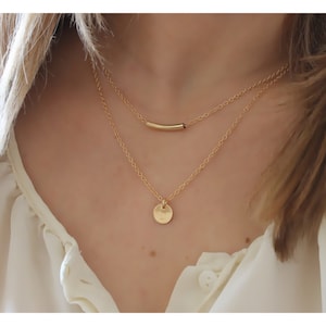 Layered Gold Necklace • Tube Necklace • Personalized Jewelry • 14K Gold Filled Set Of 2 • Delicate Necklaces • Gold Initial Circle • B125
