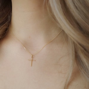 14K Massiv Gold Perlen Kreuz Halskette: Zierlicher minimalistischer Anhänger • B311
