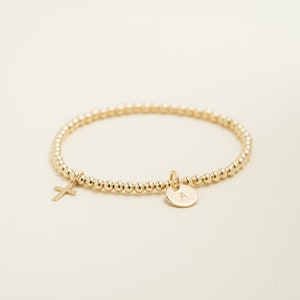 14K Solid Gold Bead Bracelet • Gold Beaded Bracelet • Gift for Her • 14K Gold Cross • Personalized Bracelet • Minimalist Bracelet • B319