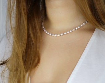 Freshwater Pearl Necklace: 14K Gold Filled Figaro Chain, Beaded Jewelry • B300