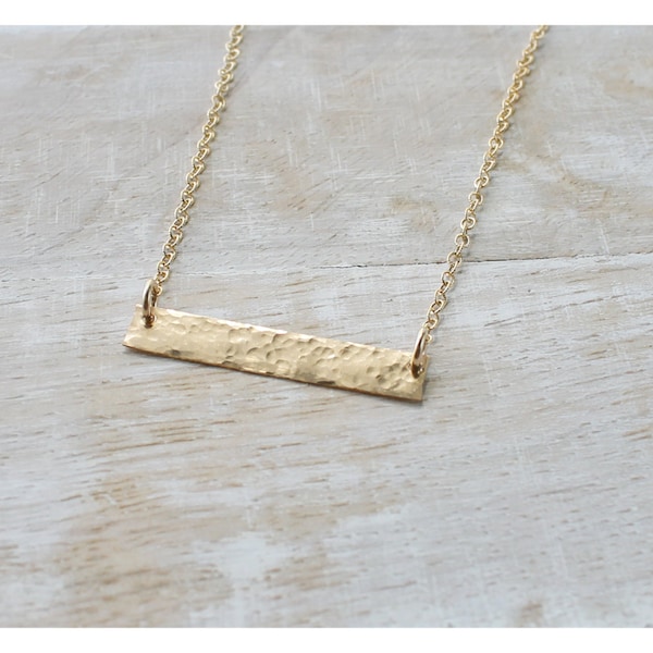 14K Gold Filled Bar Necklace • Dainty Hammered Nameplate Necklace • B100