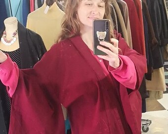 Kimono japonais en laine bordeaux Revisité Maison (TU)