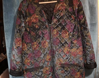 Veste 80's, velour matelassé, imprimé roses, oversize, faite main (TU)