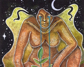 May include: A watercolor painting of a person with brown skin kneeling and watering a small green plant with blue water. The person is crying blue tears and the background is a dark blue with white stars and a crescent moon.