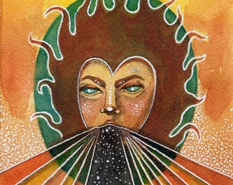 May include: A watercolor painting of a person with a green and white halo, brown hair, and a heart-shaped face. The person is blowing out a black and white starry sky.