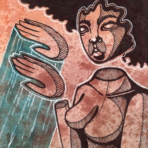 May include: A black and white line drawing of a person with an afro hairstyle, wearing a black turtleneck and reaching out with their hands towards a teal and white textured column.