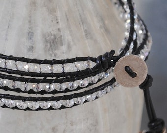 Crystal Bracelet - Crystal Jewelry -Black Leather Wrap - Triple Leather Wrap - Hill Tribe Silver Button - Mood Stone Nuggets-Women's Jewelry