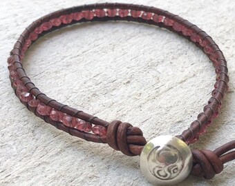 Ruby Bracelet - Ruby Leather Wrap - Ruby Jewelry - July Birthstone - Om Button - Red Bracelet - Women's Jewelry - Girlfriend's Gift