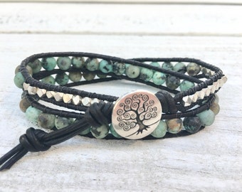 Jasper Beaded Bracelet - Leather Double Wrap - Jasper Bracelet - Jasper Jewelry - Women's Jewelry - Girlfriend's Gift - Men's Jewelry