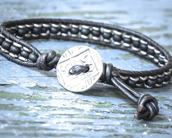 Black Leather Wrap black Seed Bead Bracelet Black Bracelet Pewter
