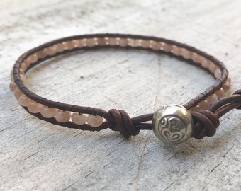 Sunstone Jewelry - Sunstone Bracelet - Sunstone Leather Wrap - Sunstone Wrap Bracelet - Sunstone Leather Bracelet - Om Button