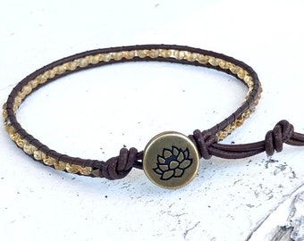 Citrine Bracelet - Citrine Wrap - Citrine Jewelry - Lotus Button - Brown Leather Wrap- Women's Jewelry - Girlfriend's Gift - Men's Jewelry