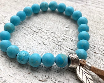 Blue Howlite Bracelet -  Howlite Jewelry - Leaf Charm - Blue Bracelet with Charm - Tassel - Girlfriend's Gift - Women's Jewelry